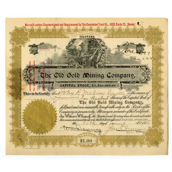 CO. Old Gold Mining Co., 1896, I/U Stock Certificate.