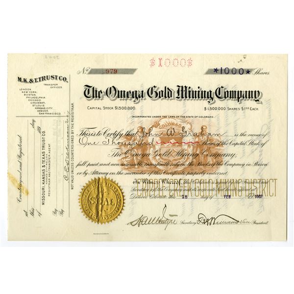 CO. Omega Gold Mining Co., 1901, I/U Stock Certificate.