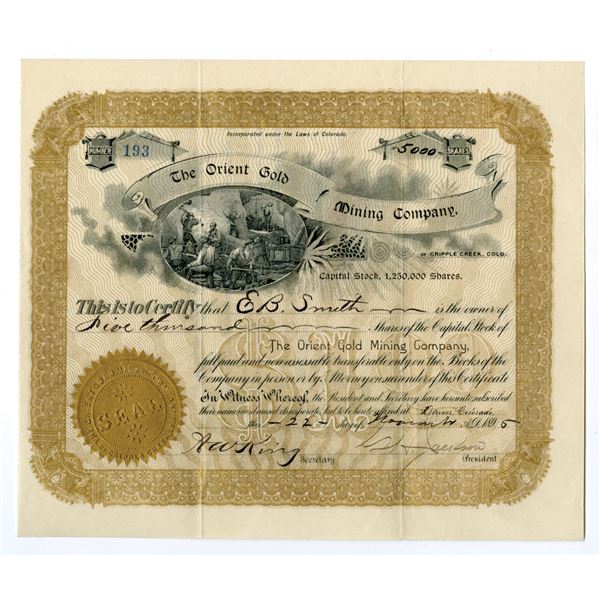 CO. Orient Gold Mining Co., 1895, I/U Stock Certificate.