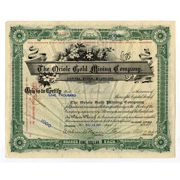 CO. Oriole Gold Mining Co., 1899, I/U Stock Certificate.