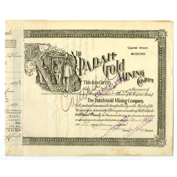 CO. Parah Gold Mining Co., 1898, I/C Stock Certificate.