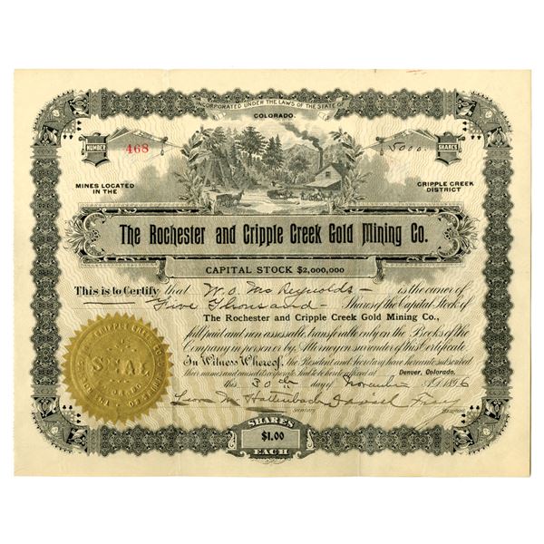 CO. Rochester and Cripple Creek Gold Mining Co., 1896, I/U Stock Certificate.