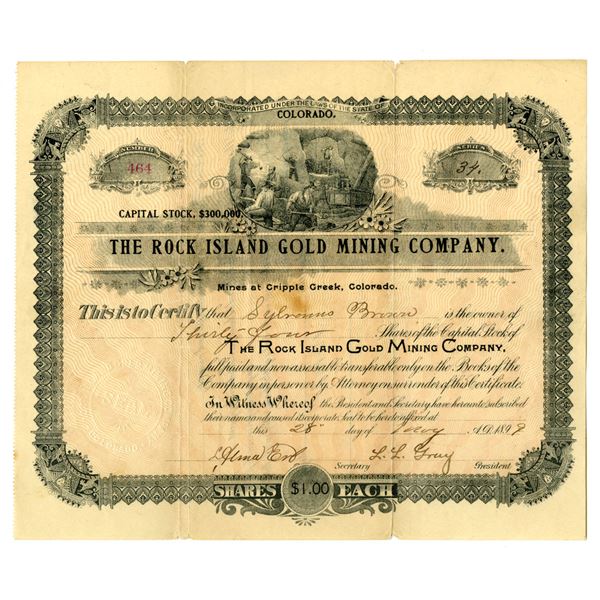 CO. Rock Island Gold Mining Co., 1899, I/U Stock Certificate.