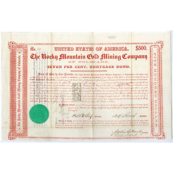 CO. Rocky Mountain Gold Mining Company of Colorado, 1864, I/U $500 7% Gold Coupon Bond.