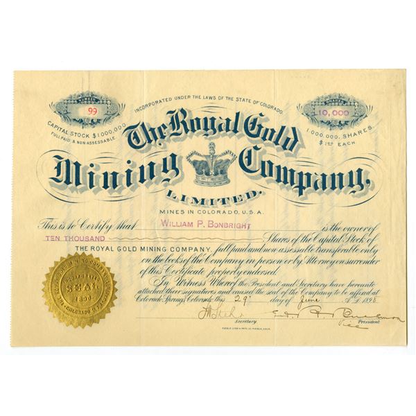 CO. Royal Gold Mining Co. Ltd., 1898, I/U Stock Certificate.