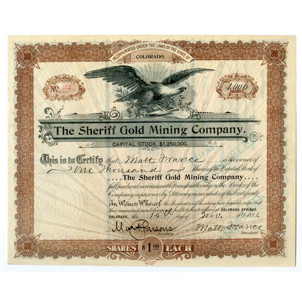 CO. Sheriff Gold Mining Co., 1896, I/C Stock Certificate.