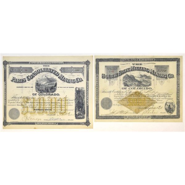CO. South Side Milling, and Paris Consolidated Mining Cos., 1881 & 1882, I/U Stock Certificate Pair.