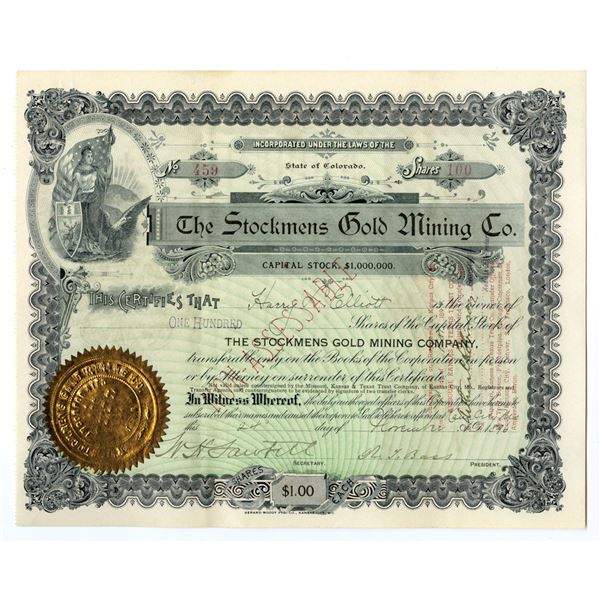 CO. Stockmens Gold Mining Co., 1896, I/U Stock Certificate.