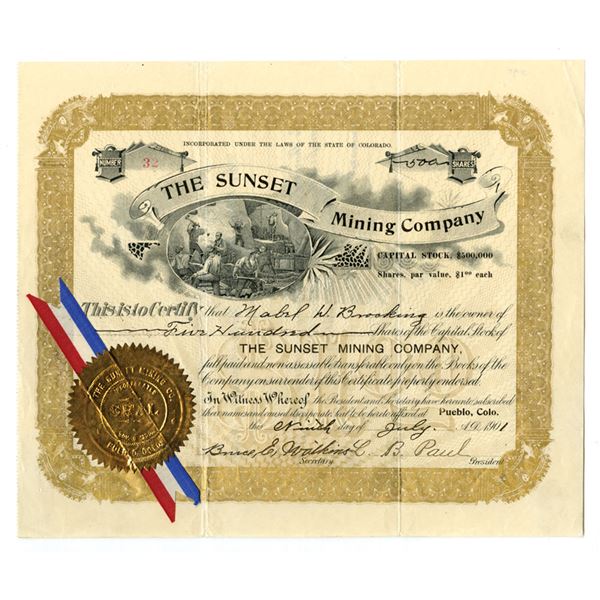 CO. Sunset Mining Co., 1901, I/U Stock Certificate.
