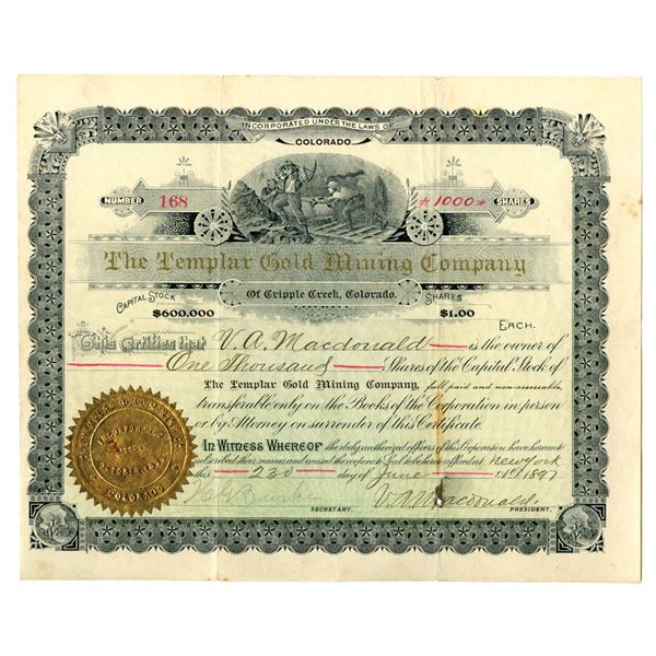 CO. Templar Gold Mining Co., 1897, I/U Stock Certificate.