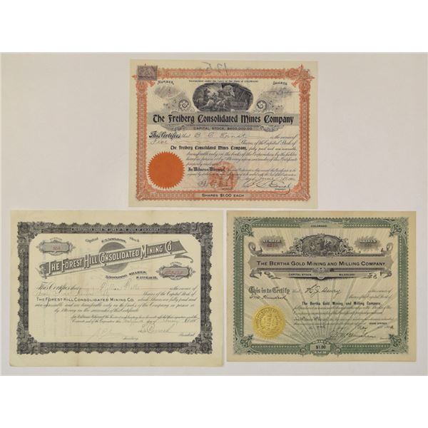 CO. Colorado Mining Stock Certificate Trio, 1897 to 1904.