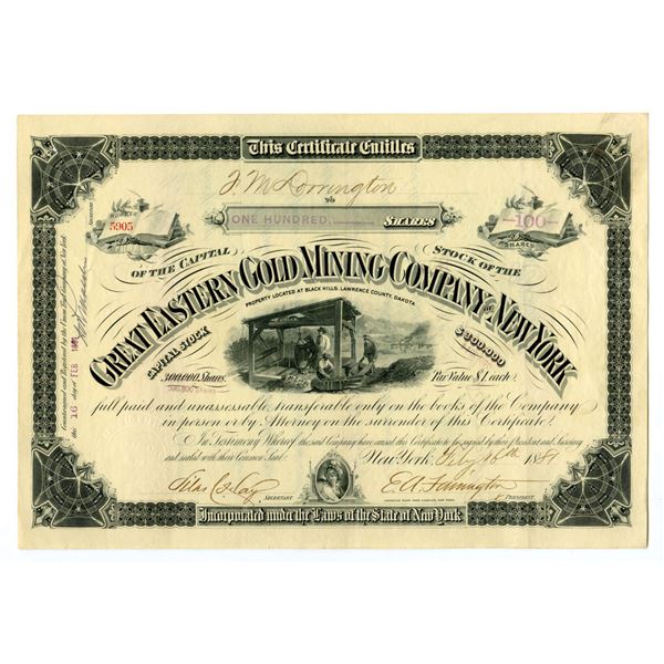 Dakota Territory. Great Eastern Gold Mining Co. of New York, 1881, I/U Stock Certificate.