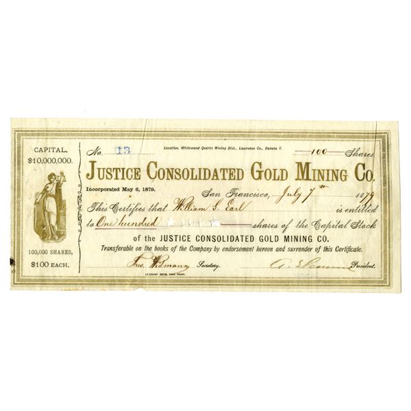 Dakota Territory. Justice Consolidated Gold Mining Co., 1879, I/U Stock Certificate.