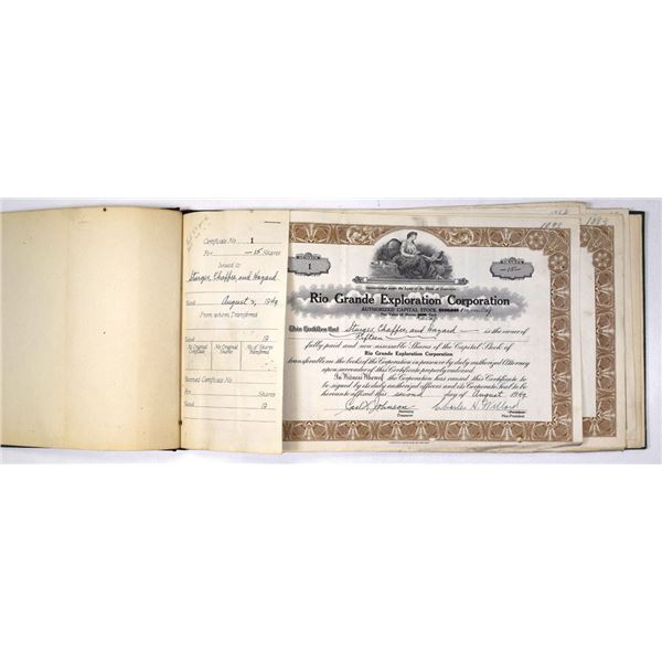 Rio Grande Exploration Corp., 1949 to 1950, Stock Certificate Book with 25 Stock Certificates beginn