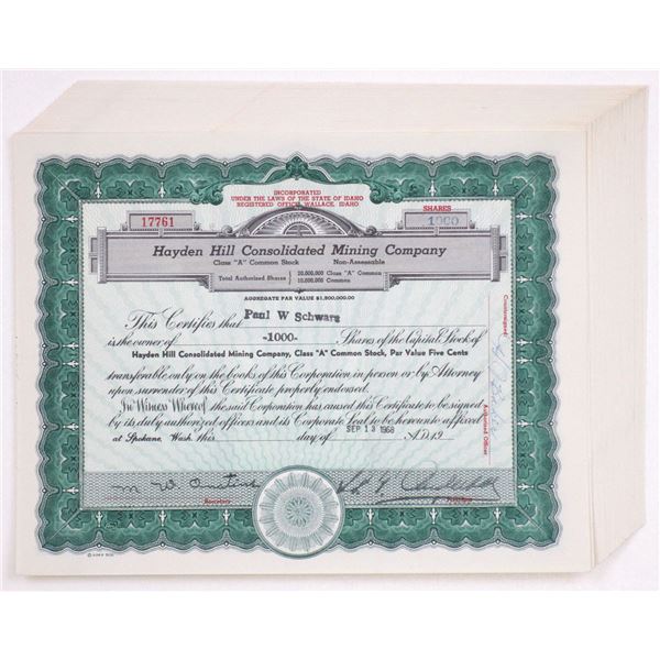 ID. Hayden Hill Consolidated Mining Co., 1968, I/U Stock Certificate Group
