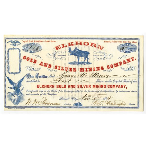 ID. Elkhorn Gold and Silver Mining Company, 1865, I/U Idaho Territory Stock Certificate
