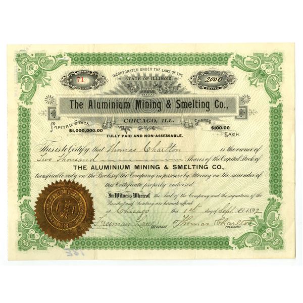 IL. Aluminum Mining & Smelting Co., 1892, Issued Stock Certificate.