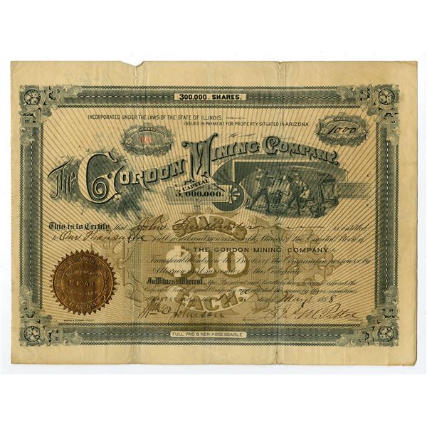 IL. Gordon Mining Co., 1888, I/U Stock Certificate.