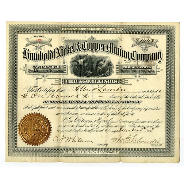IL. Humbolt Nickel & Copper Mining Co., 1883, I/U Stock Certificate.