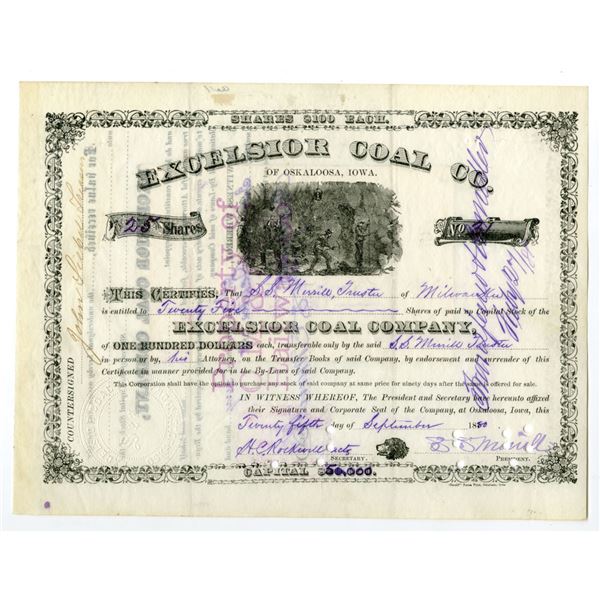 IA. Excelsior Coal Co., 1880, I/C Stock Certificate.