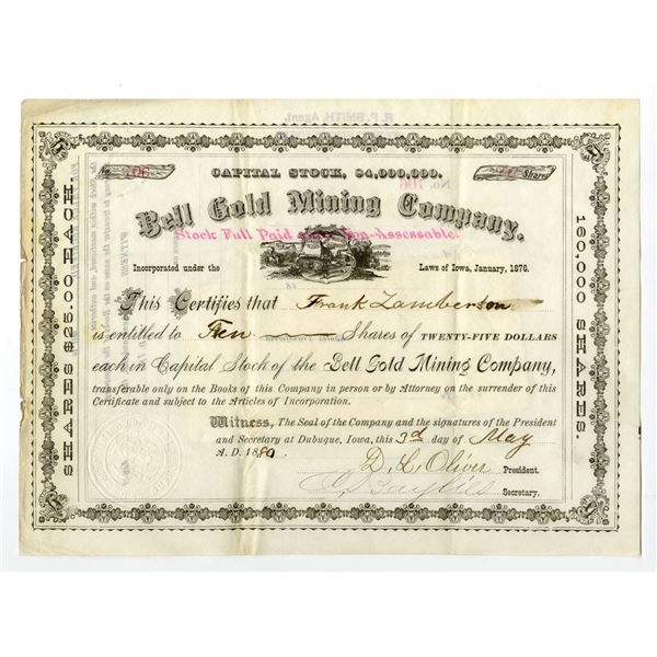 IA. Bell Gold Mining Co., 1880, I/U Stock Certificate.