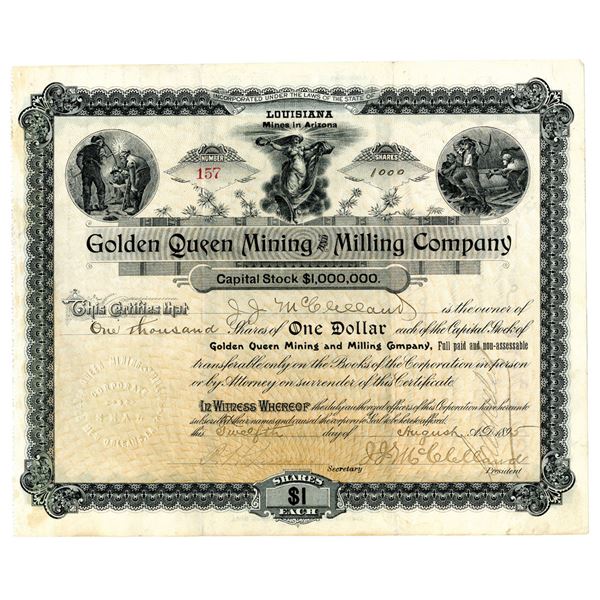 AZ. Golden Queen Mining and Milling Co., 1895 I/C Stock Certificate