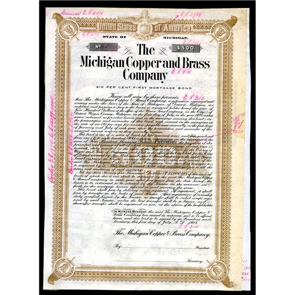 MI. Michigan Copper and Brass Co., 1908 Specimen Bond Used as a Production Model.