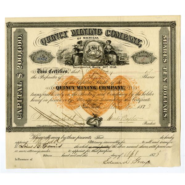 MI. Quincy Mining Co., 1873 I/C Stock Certificate