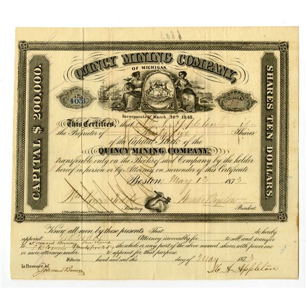 MI. Quincy Mining Co., 1873, I/C Stock Certificate.