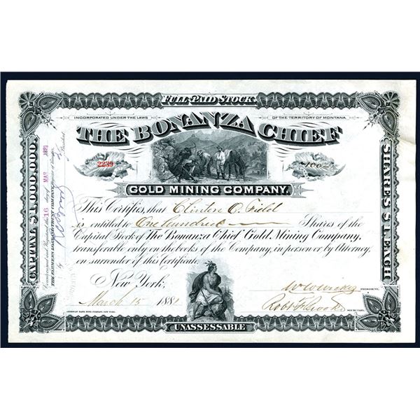 Montana Territory. Bonanza Chief Gold Mining Co., 1881 I/U Stock Certificate.