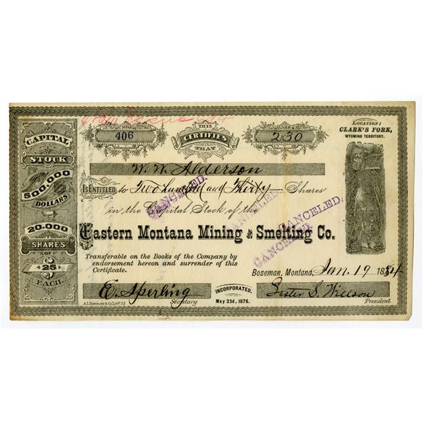 Montana Territory. Eastern Montana Mining and Smelting Co., 1884, I/C Stock Certificate.
