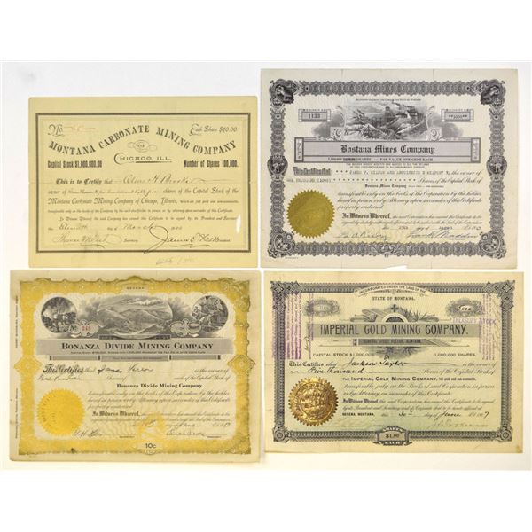 MT, NV. Montana, Nevada, and Illinois I/U Mining I/U Stock Certificate Quartet, 1890 to 1947.