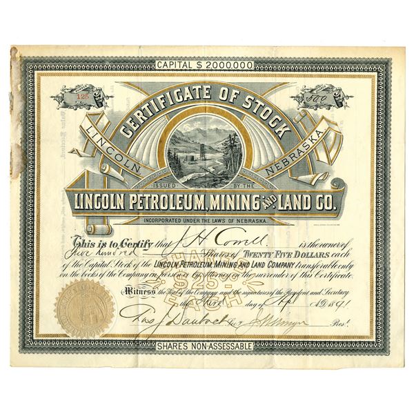NE. Lincoln Petroleum, Mining and Land Co., 1891, I/U Stock Certificate.