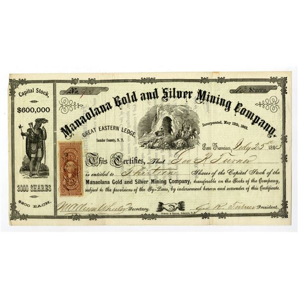 Nevada Territory. Manaolana Gold and Silver Mining Co., 1863, I/U Stock Certificate.