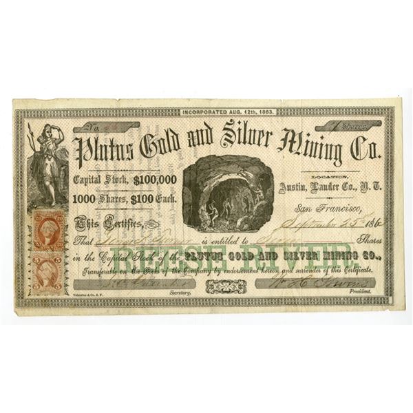 Nevada Territory. Plutus Gold and Silver Mining Co., 1863, I/U Stock Certificate.