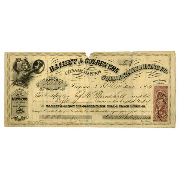 NV. Bajazet & Golden Era Consolidated Gold & Silver Mining Co. 1864, I/U Stock Certificate.