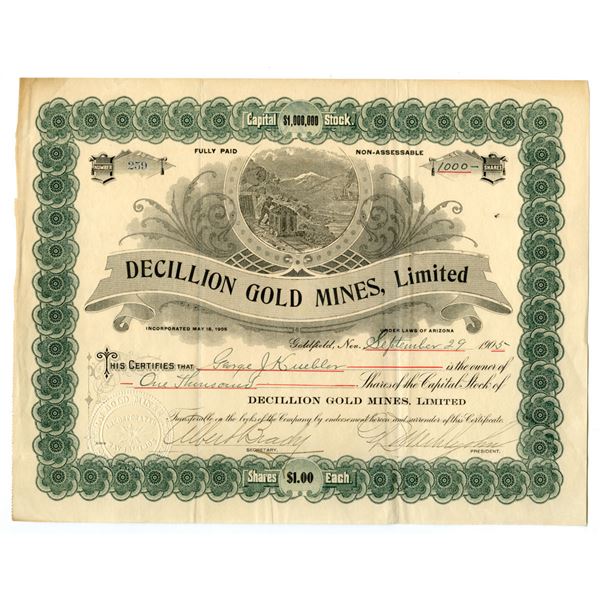 NV. Decillion Gold Mines, Ltd., 1905, Issued Stock Certificate.
