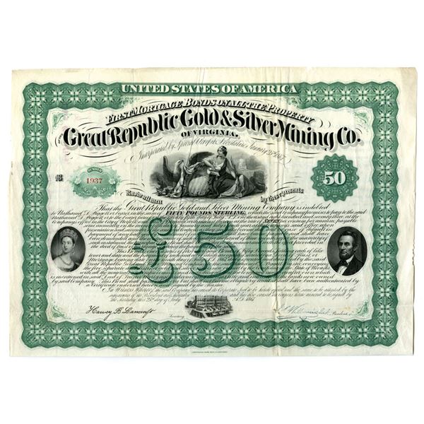 NV. Great Republic Gold & Silver Mining Co. of Virginia., 1867, Issued Bond.