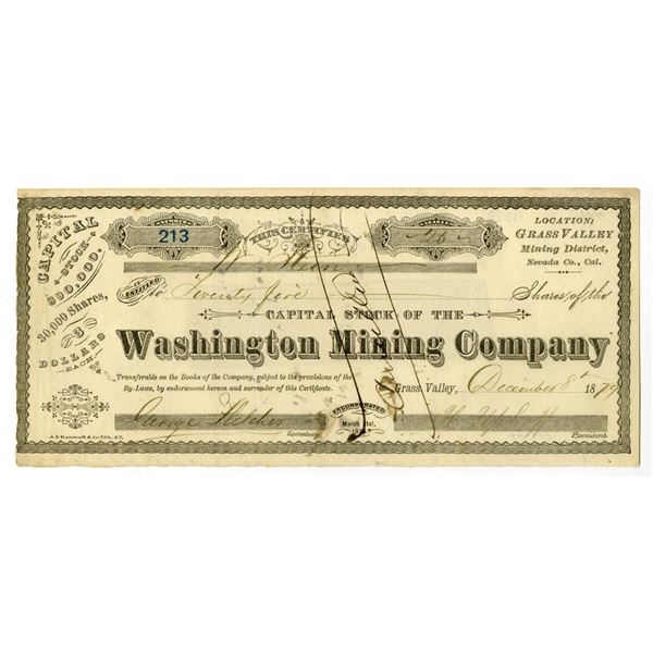 NV. Washington Mining Co., 1879, I/C Stock Certificate.