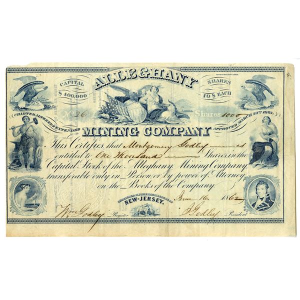 NJ. Alleghany Mining Co., 1862 I/U Stock Certificate.