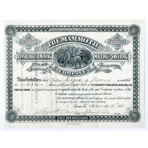 NM. Mammoth Consolidated Milling and Smelting Co., 1881, I/U Stock Certificate.