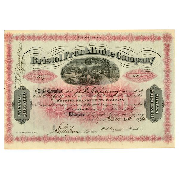 NY. Bristol Franklinite Co., 1874, Issued Stock Certificate.