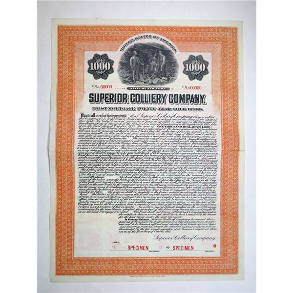 OH. Superior Colliery Co., 1912. $1000 Specimen 5% Gold Coupon Bond, VF-XF. ABNC