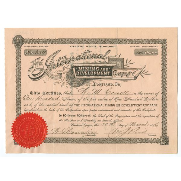 OR. International Mining and Development Co., 1896, Issued Stock Certificate.