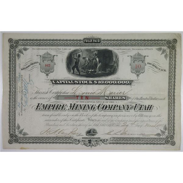 UT. Empire Mining Co. of Utah, 1880, I/U Stock Certificate.