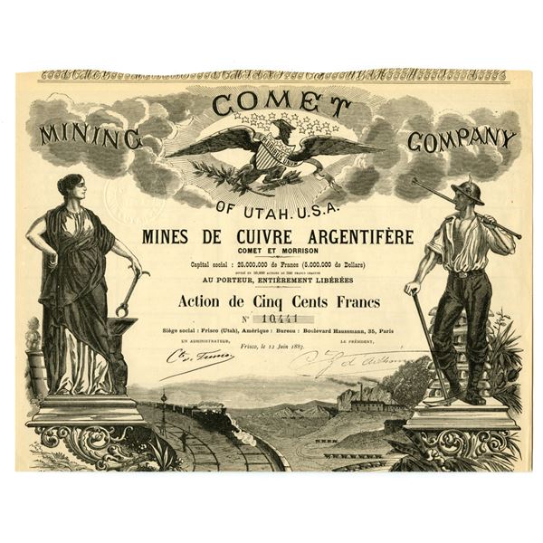 UT. Comet Mining Co., 1883, I/U Stock Certificate.