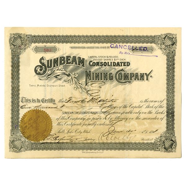 UT. Sunbeam Consolidated Mining Co., 1898, I/C Stock Certificate.