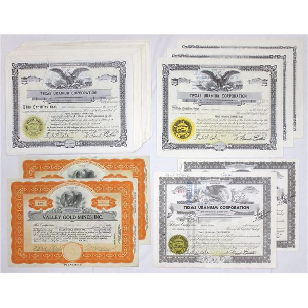 UT. & N V. Texas Uranium and Valley Gold Mines, 1936 to 1970, I/U Stock Certificate Assortment.