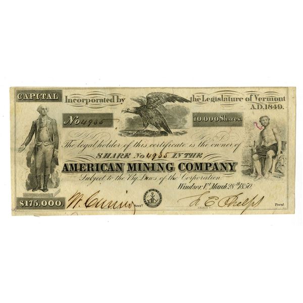 VT. American Mining Co., 1850, I/U Stock Certificate.