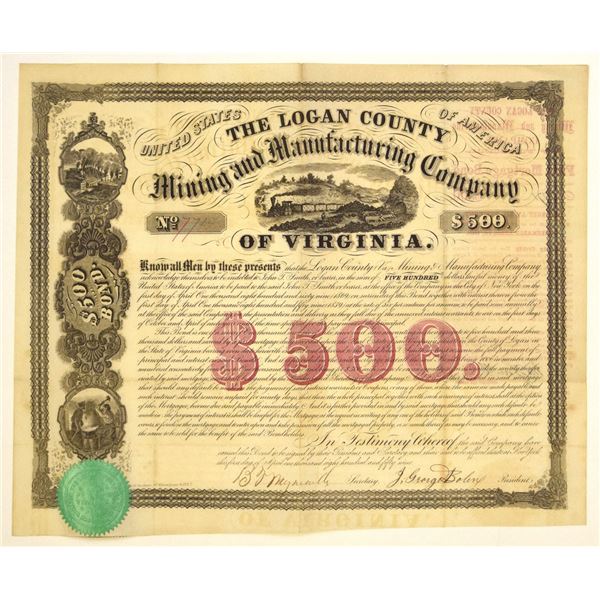 VA. Logan County Mining and Manufacturing Co., 1859, Issued Bond.